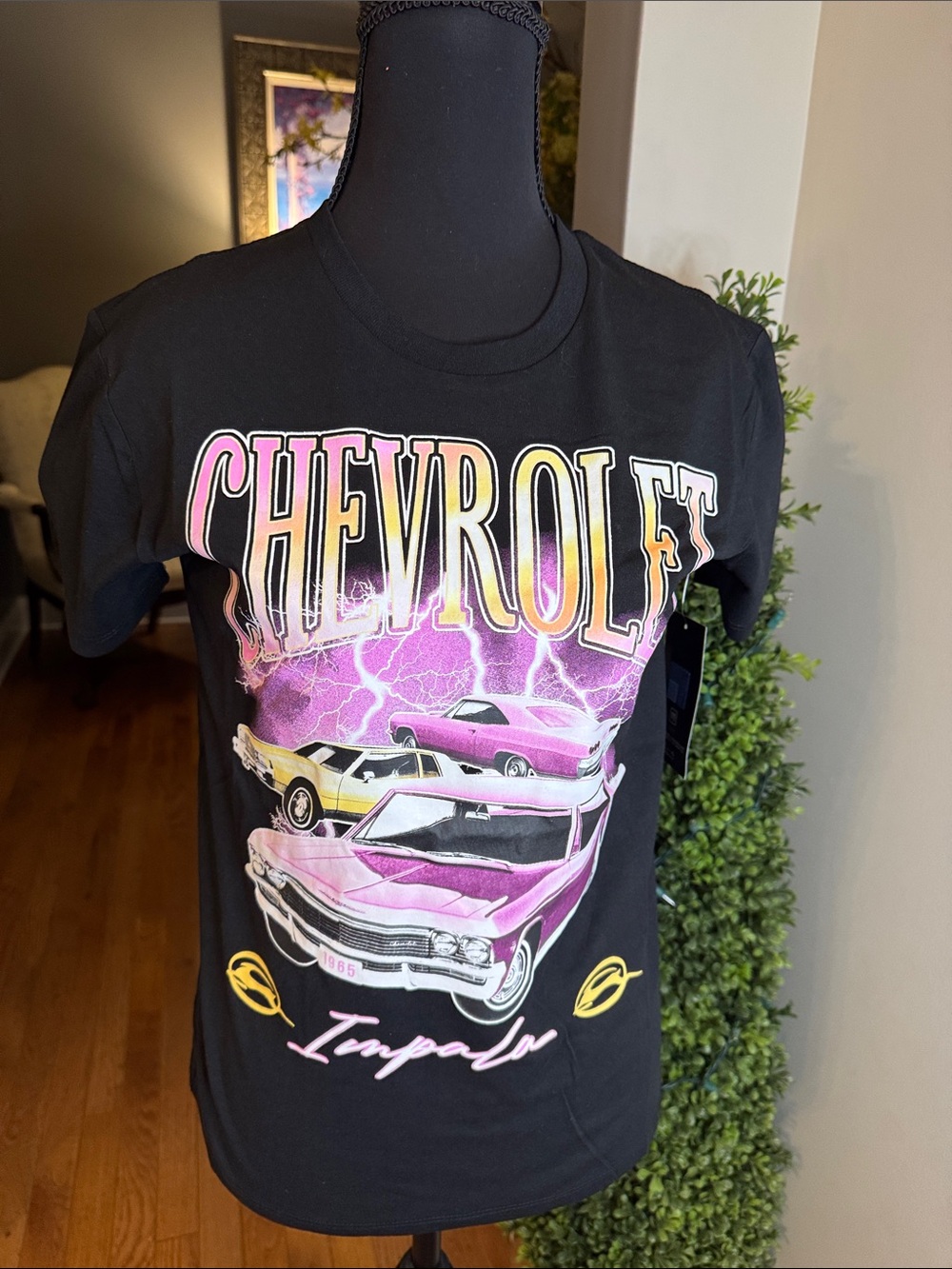 Chemistry Black Chevrolet Graphic Tee with Pink and Yellow Car Art NWT